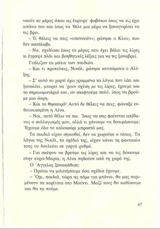 νοούν το μέρος όπου τις έκρυψε- φοβόταν ίσως να τις έχει
απάνω του και ίσως να ’θελε μια μέρα να ξαναγυρίσει να
τις βρει.
- Τι θέλεις να πεις «υπονοούν»; ρώτησε ο Κλου, που
δεν κατάλαβε.
- Να, σχεδίασε ίσως το μέρος που έχει βάλει τις λίρες
κι έγραψε πλάι και βοηθητικές λέξεις για να τις ξαναβρεί.
Γυάλιζαν τα μάτια των παιδιών.
- Και τι προτείνεις, Νικόλ; ρώτησε ανυπόμονα ο Αλέ-
ξης·
- Σ’ αυτό το χαρτί έχω γραμμένα τα λόγια που λέει και
ξαναλέει, μπορεί να ’χουν σχέση με τις λίρες, έχουμε και
το σημειωματάριό του, αν σκεφτούμε πολύ, ίσως να βρού­
με μια άκρη.
- Και το θησαυρό! Αυτό δε θέλεις να πεις; φώναξε εν­
θουσιασμένη η Λίνα.
- Ναι, αυτό θέλω να πω. Ίσως να σας φαίνεται απίθα­
νος ο συλλογισμός μου, αλλά τι χάνουμε να δοκιμάσουμε;
Έχουμε όλο το καλοκαίρι μπροστά μας.
Τα παιδιά είχαν σηκωθεί, δεν τα χωρούσε ο τόπος. Τα
λόγια της Νικόλ, το σχέδιό της, είχαν κάνει τη φαντασία
τους να δουλεύει σε γοργό ρυθμό.
- Για σκέψου να βρούμε τις λίρες και να τις δώσουμε
στην κυρα-Μαρία, η Λίνα πηδούσε από τη χαρά της.
Ο Άγγελος ξανακάθισε:
- Πρώτα να μελετήσουμε όσα σχέδια έχουμε.
- Οχι, παιδιά, τώρα ας πάμε για μπάνιο, θα μας περι­
μένουν τα κορίτσια στο Μούντι. Μαζί τους θα καθίσουμε
και θα τα πούμε.
 