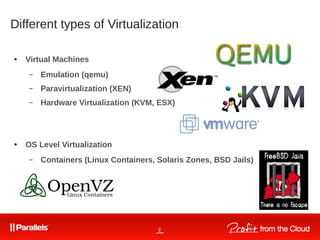 2
Different types of Virtualization
● Virtual Machines
– Emulation (qemu)
– Paravirtualization (XEN)
– Hardware Virtualization (KVM, ESX)
● OS Level Virtualization
– Containers (Linux Containers, Solaris Zones, BSD Jails)
 