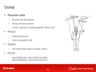 21
Dump
● Parasite code
– Receive file descriptors
– Dump memory content
– Prctl(), sigaction, pending signals, timers, etc.
● Ptrace
– freeze processes
– Inject a parasite code
● Netlink
– Get information about sockets, netns
● Procfs
/proc/PID/maps, /proc/PID/map_files/,
/proc/PID/status, /proc/PID/mountinfo
 