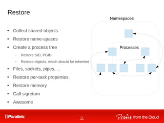 22
Restore
● Collect shared objects
● Restore name-spaces
● Create a process tree
– Restore SID, PGID
– Restore objects, which should be inherited
● Files, sockets, pipes, ...
● Restore per-task properties.
● Restore memory
● Call sigreturn
● Awesome
Namespaces
Processes
 