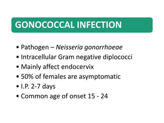 GONOCOCCAL INFECTION
• Pathogen – Neisseria gonorrhoeae
• Intracellular Gram negative diplococci
• Mainly affect endocervix
• 50% of females are asymptomatic
• I.P. 2-7 days
• Common age of onset 15 - 24
 