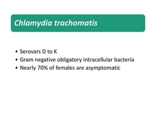 Chlamydia trachomatis
• Serovars D to K
• Gram negative obligatory intracellular bacteria
• Nearly 70% of females are asymptomatic
 