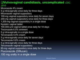 Vulvovaginal candidiasis, uncomplicated CDC,
2010
Miconazole 4% cream
5 g intravaginally once daily for three days
Miconazole vaginal suppository
100-mg vaginal suppository once daily for seven days
200-mg vaginal suppository once daily for three days
1,200-mg vaginal suppository in a single dose
Nystatin vaginal tablet
100,000-unit vaginal tablet once daily for 14 days
Tioconazole 6.5% ointment
5 g intravaginally in a single dose
Terconazole 0.4% cream
5 g intravaginally once daily for seven days
Terconazole 0.8% cream
5 g intravaginally once daily for three days
Terconazole vaginal suppository
80-mg vaginal suppository once daily for three days
Fluconazole (Diflucan)
150 mg orally in a single dose
Aboubakr Elnashar
 