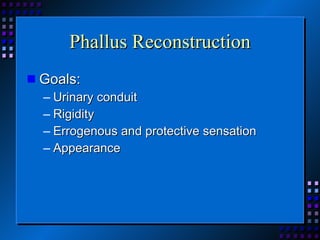 Phallus Reconstruction Goals: Urinary conduit Rigidity Errogenous and protective sensation Appearance 
