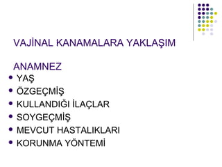 VAJİNAL KANAMALARA YAKLAŞIM

ANAMNEZ
 YAŞ
 ÖZGEÇMİŞ

 KULLANDIĞI İLAÇLAR

 SOYGEÇMİŞ

 MEVCUT HASTALIKLARI

 KORUNMA YÖNTEMİ
 