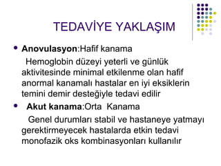 TEDAVİYE YAKLAŞIM
Anovulasyon:Hafif kanama
  Hemoglobin düzeyi yeterli ve günlük
 aktivitesinde minimal etkilenme olan hafif
 anormal kanamalı hastalar en iyi eksiklerin
 temini demir desteğiyle tedavi edilir
 Akut kanama:Orta Kanama

   Genel durumları stabil ve hastaneye yatmayı
 gerektirmeyecek hastalarda etkin tedavi
 monofazik oks kombinasyonları kullanılır
 