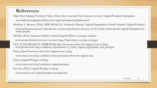References:
High Street Epping Veterinary Clinic, Always have your pets' best interests at heart, Vaginal Prolapse/hyperplasia
www.highstreeteppingvetclinic.com/vaginal-prolapsehyperplasia.pml
Mushtaq A. Memon, (2016), MSD MANUAL, Veterinary Manual, Vaginal Hyperplasia in Small Animals (Vaginal Prolapse)
www.msdvetmanual.com/reproductive-system/reproductive-diseases-of-the-female-small-animal/vaginal-hyperplasia in-
small-animals
NHAH, (2014), Newport Harbor Animal Hospital, What is estrogen (canine)
www.newportharborvets.com/services/dogs/blog/what_is_canine_estrogen
VET AUTHORED,VET APPROVED, Mass Protrusion from the Vaginal Area in Dogs
www.petmd.com/dog/conditions/reproductive/c_multi_vaginal_hyperplasia_and_prolapse
Vetary, Mass Protrusion From the Vaginal Area in dog
www.vetary.com/dog/condition/mass-protrusion-from-the-vaginal-area
Vetary, Vaginal Prolapse in Dogs
www.vetary.com/dog/condition/vaginal-prolapse
Vet info, (2012), Vaginal Prolapse in Dogs
www.vetinfo.com/vaginal-prolapse-in-dogs.html
01/07/2017 14
 