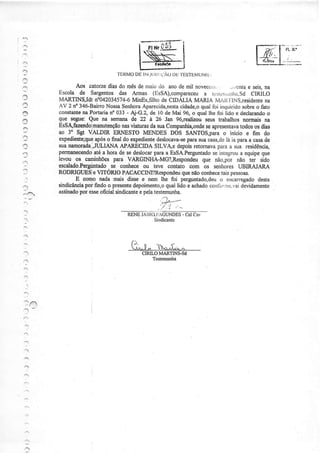 '::'
:



                                               N
                                    TEIìMO tÌ.1(]llìi!'AODrj't'ESTËMt.lNI1,,
                                         DE

                 Àos oatoíze dias do mês de maio tlo ano de mil novecci,r.           ,i.rentae seis,na
           Escola de SaÍgeÌúos das Armas (EsSA),compareceua rr:srurr.rllra,sd CIRILO
           MARTINS,Idt Ít'042034574-6 MinEx,tìlho de CIDALIA MARTA MAti f tNS,residente na
           AV 2 n' 346-BairroNossaSeúora Aparecida,nesta      cidade,oqual foi incluiridosobreo fato
    6!ì    constable na Portaria no 033 - Aj-G.2, de i0 de Mai 96, o qual lhe foi lido e declarando o
    Ft
           que segue: Que na semana de 22 à 26 Jan gí,realizou seus tÍabalhos normais na
           EsSdfrzendolmanutenção üaturasda suaCompaúia"onde apresentava
                                       nas                           s9            todosos dias
    3      ao 3' SgÍ V'ALDIR ERNESTO MENDES DOS SANïOS,para o início e fim do
    ?      expediente;que o final do expediente
                          após                                 para
                                                    deslocava-sê suacas4delá ìa paraa casade
    a      suanamorada  |,JIJLIANA    APÁRECIDA SILVÀe depoisretomavaparaa sua residência,
           penuanecendo.até de sedeslocar a EsSA.Perguntadointegrou equipe
                             a hora                para                 se         a       que
    ,:     levou os carniúões para VARGINIIA-MG?,Respondeu          que não,por não ter sido
           êscelado.Pergúntado coúece ou teve contato com os senhores UBIRAJARA
                                . se
    :'     RODRIGÌJESie    VITORIO PACACCINI?Respondeu nãocoúece taispessoas.
                                                             que
     :           E co'4o nada mais disse e nem lhe foi perguntado,deu encaregadodesta
                                                                           o
                     poi
           sindicância findoo presente                  qual
                                           depoimento,o üdo e achado  corrfo',rrt:,yai
                                                                                    devidamente
           asiinadopor esse oficial sindicante pelatestemunha.
                                             e


                                     -pem
                                                      .,7:-'
                                                     ' ' t - ! ' -
                                                                     - cel ca,,
     -ì                                      ' taLrlcii"iõÜNpns
                                                     Sirdicante




    r'i




     ''I
 