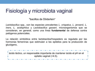 Fisiología y microbiota vaginal
"bacillos de Döderlein"
Lactobacillus spp., con las especies prevalentes L. crispatus, L. jensenii, L.
iners, L. acidophilus y Lactobacillus gasseri, microorganismos que se
consideran, en general, como una línea fundamental de defensa contra
patógenos potenciales.
La relación simbiótica entre lactobacilos/hospedero es regulada por las
hormonas femeninas que estimulan a los epitelios para la producción de
glucógeno,
ácido láctico, un responsable importante de mantener ácido el pH en el
epitelio vaginal (<4.5).
 