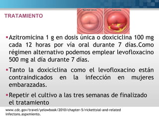 TRATAMIENTO
Azitromicina 1 g en dosis única o doxiciclina 100 mg
cada 12 horas por vía oral durante 7 días.Como
régimen alternativo podemos emplear levofloxacino
500 mg al día durante 7 días.
Tanto la doxiciclina como el levofloxacino están
contraindicados en la infección en mujeres
embarazadas.
Repetir el cultivo a las tres semanas de finalizado
el tratamiento
www.cdc.gov/travel/yelowbook/2010/chapter-5/rickettsial-and-related
infectons.aspxmiento.
 