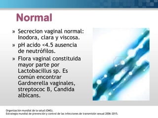 Normal
» Secrecion vaginal normal:
Inodora, clara y viscosa.
» pH acido <4.5 ausencia
de neutrófilos.
» Flora vaginal constituida
mayor parte por
Lactobacillus sp. Es
común encontrar
Gardnerella vaginales,
streptococ B, Candida
albicans.
Organización mundial de la salud (OMS).
Estrategia mundial de prevención y control de las infecciones de transmisión sexual 2006-2015.
 