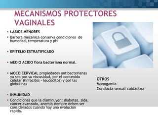 MECANISMOS PROTECTORES
VAGINALES
 LABIOS MENORES
 Barrera mecanica conserva condiciones de
humedad, temperatura y pH
 EPITELIO ESTRATIFICADO
 MEDIO ACIDO flora bacteriana normal.
 MOCO CERVICAL propiedades antibacterianas
ya sea por su viscosidad, por el contenido
celular (linfocitos - leucocitos) y por las
globulinas
 INMUNIDAD
 Condiciones que la disminuyen: diabetes, sida,
cáncer avanzado, anemia siempre deben ser
considerados cuando hay una evolución
rapida.
OTROS
Monogamia
Conducta sexual cuidadosa
 