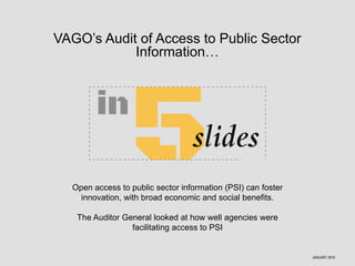 VAGO’s Audit of Access to Public Sector
Information…
Open access to public sector information (PSI) can foster
innovation, with broad economic and social benefits.
The Auditor General looked at how well agencies were
facilitating access to PSI
JANUARY 2016
 