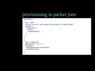 provisioning in packer json
"provisioners": [
{
"type": "shell",
"execute_command": "echo 'vagrant' | {{.Vars}} sudo -S -E bash '{{.Path}}'",
"override": {
"virtualbox-iso": {
"scripts": [
"scripts/ansible.sh"
]
}
}
},
{
"type": "ansible-local",
"playbook_file": "packer.yml",
"role_paths": [
"roles/bbaassssiiee.commoncentos",
"roles/RHEL6-STIG"
]
}
 