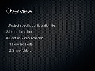 Overview
1.Project speciﬁc conﬁguration ﬁle
2.Import base box
3.Boot up Virtual Machine
  1.Forward Ports
  2.Share folders
 