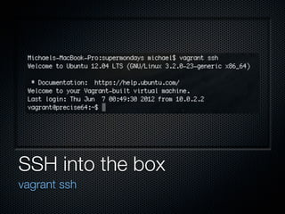 SSH into the box
vagrant ssh
 