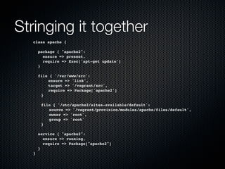 Stringing it together
  class apache {

      package { "apache2":
        ensure => present,
        require => Exec['apt-get update']
      }

      file { '/var/www/src':
  !       ensure => 'link',
  !       target => '/vagrant/src',
  !       require => Package['apache2']
  !    }
  !
  !    file { '/etc/apache2/sites-available/default':
  !    ! source => '/vagrant/provision/modules/apache/files/default',
  !    ! owner => 'root',
  !    ! group => 'root'
  !    }

      service { "apache2":
        ensure => running,
        require => Package["apache2"]
      }
  }
 