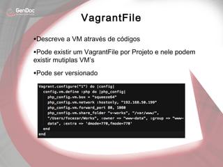 •Descreve a VM através de códigos
•Pode existir um VagrantFile por Projeto e nele podem
existir mutiplas VM’s
•Pode ser versionado
VagrantFile
 