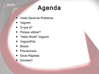 Agenda
• Visão Geral do Problema
• Vagrant
• O que é?
• Porque utilizar?
• “Hello World” Vagrant
• VagrantFile
• Boxes
• Provisioners
• Dicas Rápidas
• Dúvidas?
 