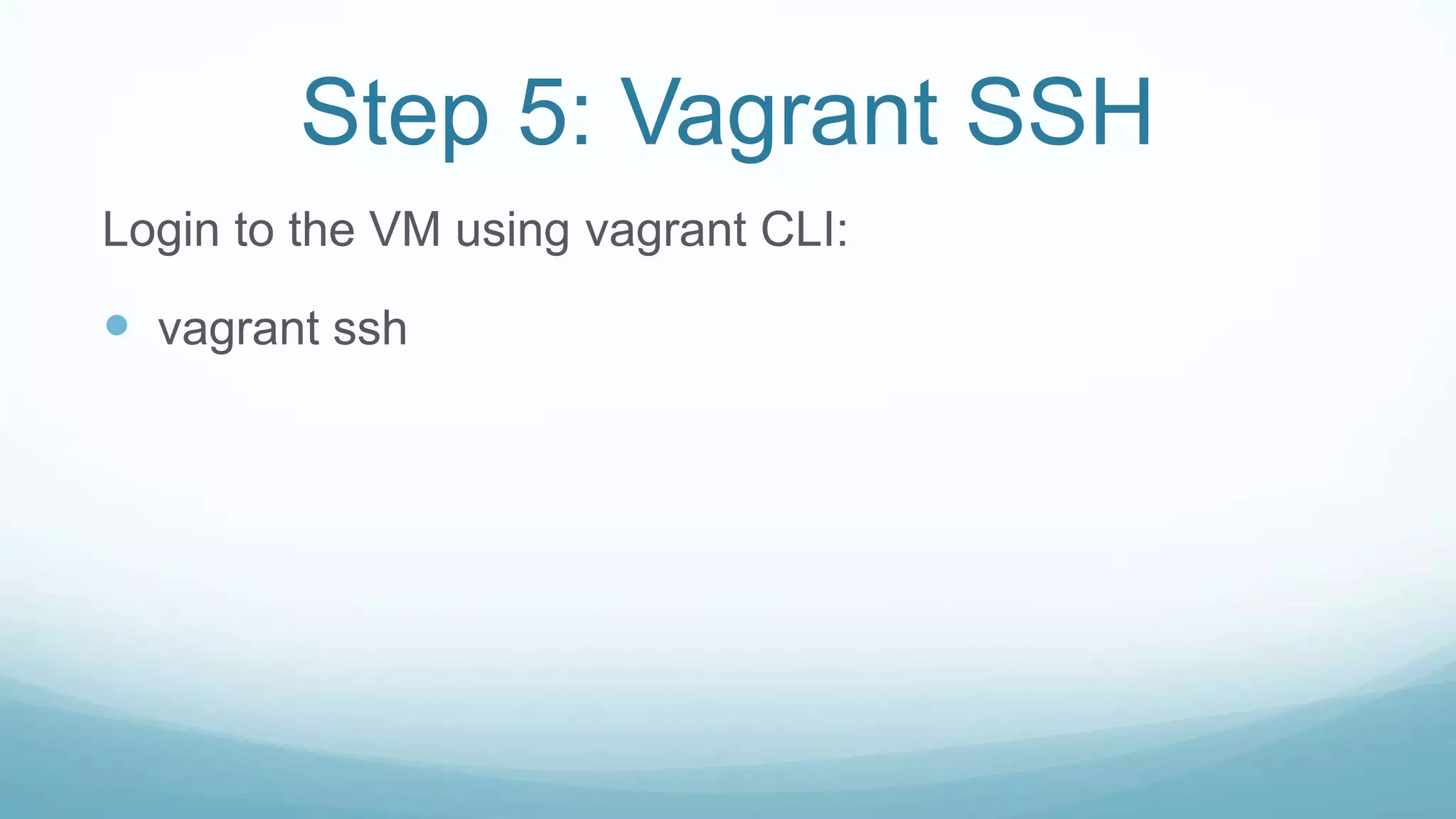 Step 5: Vagrant SSH
Login to the VM using vagrant CLI:
 vagrant ssh
 