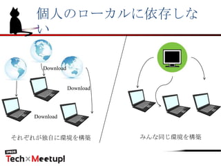 個人のローカルに依存しな
い
Download
Download
Download
それぞれが独自に環境を構築 みんな同じ環境を構築
 