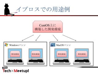 イプロスでの用途例
CentOS上に
構築した開発環境
Windowsマシン MacOSマシン
開発環境 開発環境 開発環境 開発環境
 