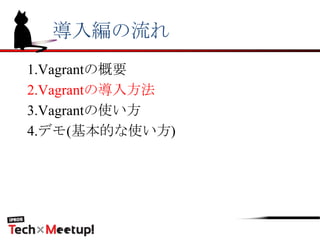 導入編の流れ
1.Vagrantの概要
2.Vagrantの導入方法
3.Vagrantの使い方
4.デモ(基本的な使い方)
 