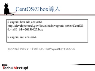 CentOSのbox導入
$ vagrant box add centos64
http://developer.nrel.gov/downloads/vagrant-boxes/CentOS-
6.4-x86_64-v20130427.box
$ vagrant init centos64
※この時点でコマンドを実行したパスにVagrantfileが生成される
 