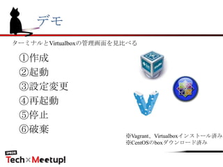 デモ
①作成
②起動
③設定変更
④再起動
⑤停止
⑥破棄
ターミナルとVirtualboxの管理画面を見比べる
※Vagrant、Virtualboxインストール済み
※CentOSのboxダウンロード済み
 