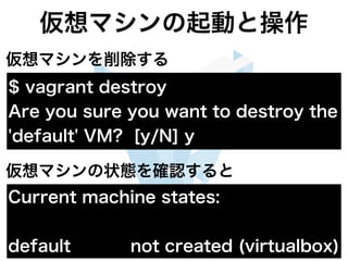 プラグインのインストール
$ vagrant plugin install NAME
プラグインをインストールする
[NAME]プラグインの名前を指定
vagrant-awsというプラグイン
$ vagrant plugin install v...