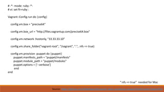 # -*- mode: ruby -*-
# vi: set ft=ruby :
Vagrant::Config.run do |config|
config.vm.box = "precise64"
config.vm.box_url = "http://files.vagrantup.com/precise64.box"
config.vm.network :hostonly, "33.33.33.10"
config.vm.share_folder("vagrant-root", "/vagrant", ".", :nfs => true)
config.vm.provision :puppet do |puppet|
puppet.manifests_path = "puppet/manifests"
puppet.module_path = "puppet/modules"
puppet.options = ['--verbose']
end
end
“:nfs => true” needed for Mac
Source: https://github.com/MikeRogers0/vagrant-nginx-wordpress-puppet/blob/master/Vagrantfile
 
