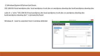 C:WindowsSystem32driversetchosts
192.168.50.4 local.wordpress.dev local.wordpress-trunk.dev src.wordpress-develop.dev build.wordpress-develop.dev
Windows 8 - need to unprotect host in window defender
sudo sh -c 'echo "192.168.50.4 local.wordpress.dev local.wordpress-trunk.dev src.wordpress-develop.dev
build.wordpress-develop.dev" >>/private/etc/hosts'
 
