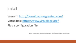 Install
Vagrant: http://downloads.vagrantup.com/
VirtualBox: https://www.virtualbox.org/
Plus a configuration file
Note: Sometimes problems with latest version VirtualBox on windows
 