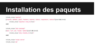 Installation des paquets
include_recipe 'apache2'
['rewrite', 'deflate', 'php5', 'headers', 'expires', 'status', 'negotiation', 'setenvif'].each do |mod|
include_recipe "apache2::mod_#{mod}"
end

include_recipe "php::package"
['apc', 'curl', 'gd', 'mysql', 'sqlite3'].each do |mod|
include_recipe "php::module_#{mod}"
end

include_recipe 'mysql::server'
include_recipe 'git'

 