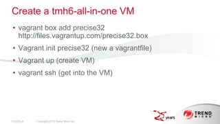 Create a VM
• vagrant box add precise32
http://files.vagrantup.com/precise32.box
• Vagrant init precise32 (new a vagrantfile)
• Vagrant up (create VM)
• vagrant ssh (get into the VM)

2/17/2014

Copyright 2013 Trend Micro Inc.

 