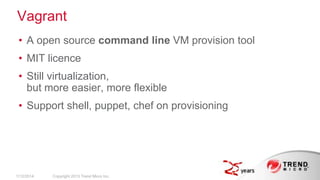 Vagrant
• A open source command line VM provision tool
• MIT licence

• Still virtualization,
but more easier, more flexible
• Support shell, puppet, chef on provisioning

2/17/2014

Copyright 2013 Trend Micro Inc.

 