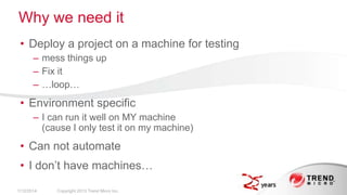 Why we need it
• Deploy a project on a machine for testing
– mess things up
– Fix it
– …loop…

• Environment specific
– I can run it well on MY machine
(cause I only test it on my machine)

• Can not automate

• I don‟t have machines…
2/17/2014

Copyright 2013 Trend Micro Inc.

 
