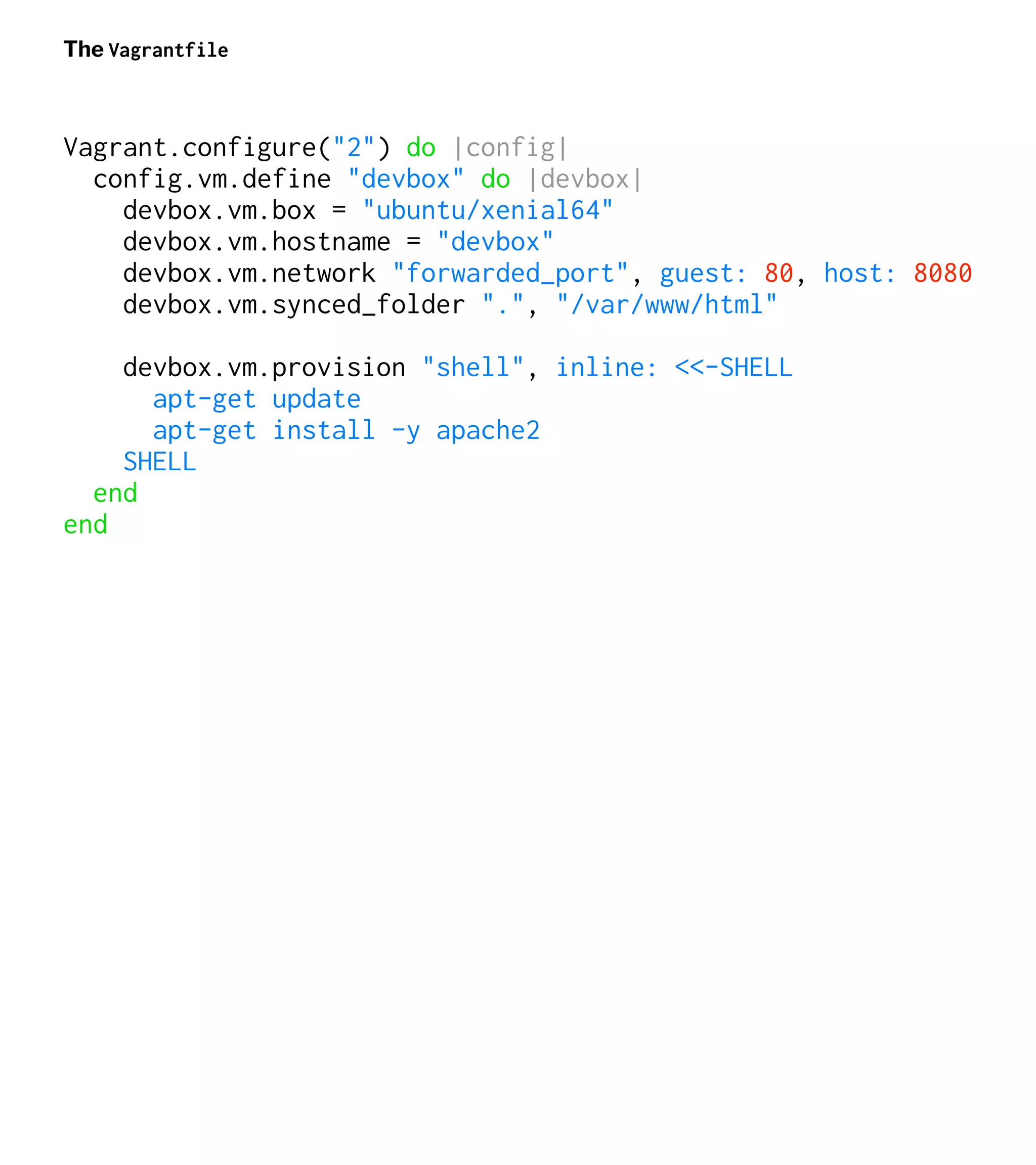 The Vagrantfile
Vagrant.configure("2") do |config|
config.vm.define "devbox" do |devbox|
devbox.vm.box = "ubuntu/xenial64"
devbox.vm.hostname = "devbox"
devbox.vm.network "forwarded_port", guest: 80, host: 8080
devbox.vm.synced_folder ".", "/var/www/html"
devbox.vm.provision "shell", inline: <<-SHELL
apt-get update
apt-get install -y apache2
SHELL
end
end
 