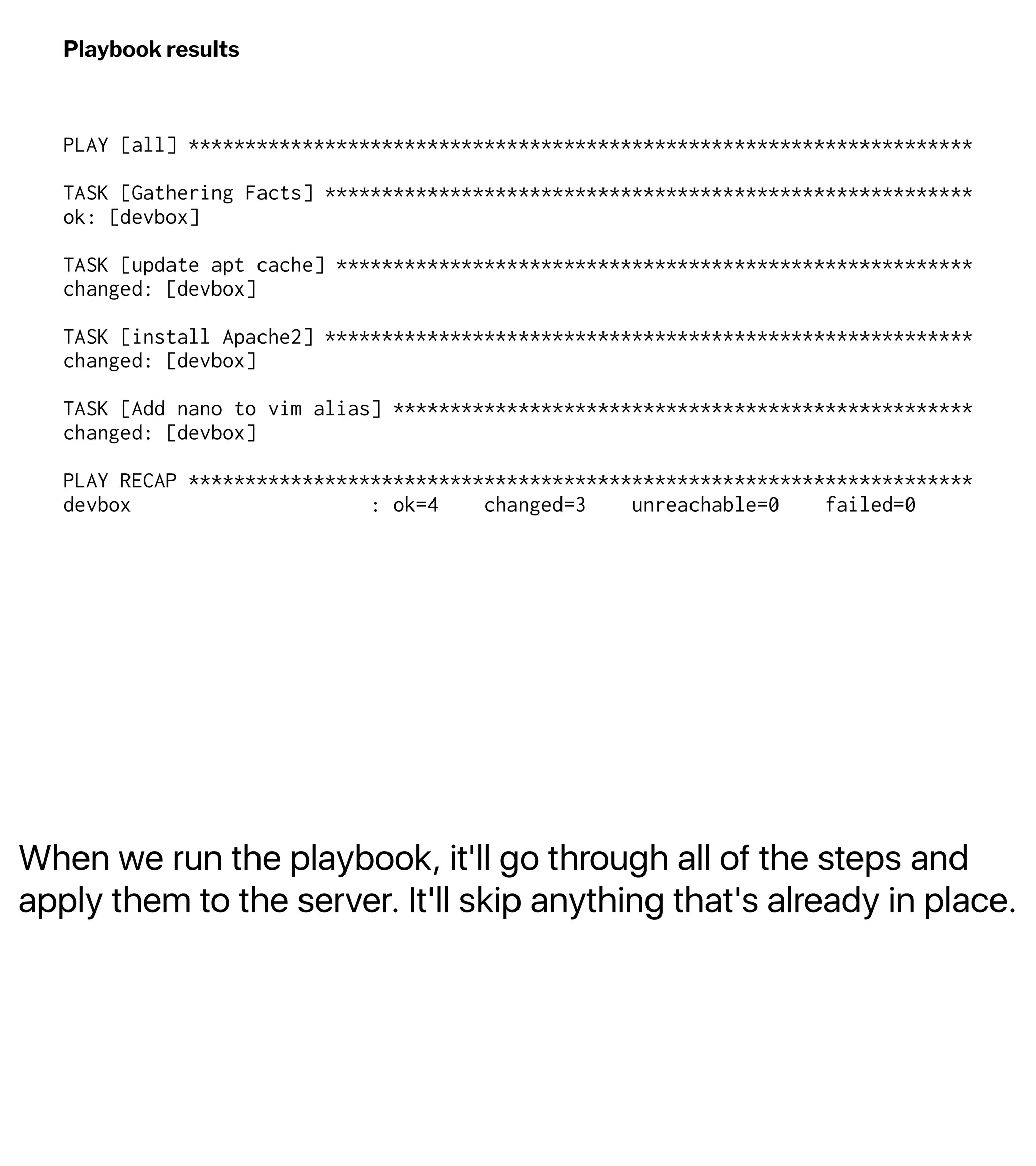 When we run the playbook, it'll go through all of the steps and
apply them to the server. It'll skip anything that's already in place.
Playbook results
PLAY [all] *********************************************************************
TASK [Gathering Facts] *********************************************************
ok: [devbox]
TASK [update apt cache] ********************************************************
changed: [devbox]
TASK [install Apache2] *********************************************************
changed: [devbox]
TASK [Add nano to vim alias] ***************************************************
changed: [devbox]
PLAY RECAP *********************************************************************
devbox : ok=4 changed=3 unreachable=0 failed=0
 