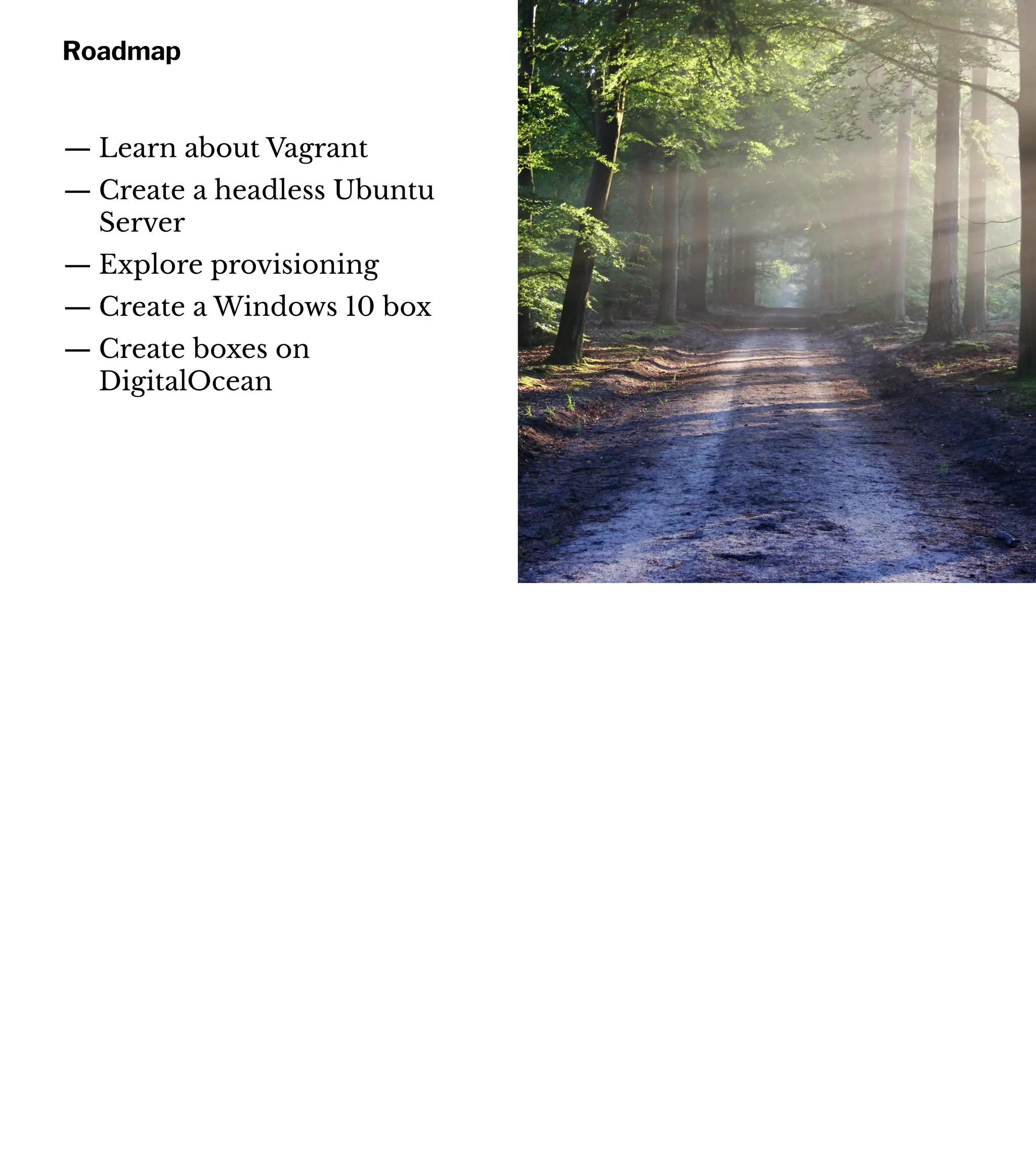 Roadmap
— Learn about Vagrant
— Create a headless Ubuntu
Server
— Explore provisioning
— Create a Windows 10 box
— Create boxes on
DigitalOcean
 