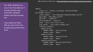 @rachelandrew | Read more at http://rachelandrew.co.uk/presentations/puppet-developers
The YAML definition for
one of our three demos. It
includes the Git repo,
local path, database
details and Perch license
key.
I also detail the Perch
Add-ons that need to be
installed along with Perch
Core.
demo2:
repo_uri: 'https://github.com/PerchCMS/
perchdemo-swift'
vhost_path: '/var/www/perchdemos/demo-swift'
db_name: 'db_demo_swift'
db_user: 'vagrant'
db_password: 'vagrant'
key: ‘xxxx-xxxx-xxxx-xxxx‘
sql_path: '/sql/swift_demo.sql'
install_addons:
demo2_blog:
addon_name: 'perch_blog'
addon_type: 'apps'
demo2_forms:
addon_name: 'perch_forms'
addon_type: 'apps'
demo2_questions:
addon_name: 'perch_questions'
addon_type: 'apps'
 