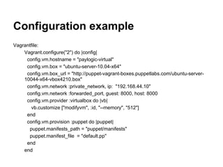 Configuration example
Vagrantfile:
Vagrant.configure("2") do |config|
config.vm.hostname = "paylogic-virtual"
config.vm.box = "ubuntu-server-10.04-x64"
config.vm.box_url = "http://puppet-vagrant-boxes.puppetlabs.com/ubuntu-server-
10044-x64-vbox4210.box"
config.vm.network :private_network, ip: "192.168.44.10"
config.vm.network :forwarded_port, guest: 8000, host: 8000
config.vm.provider :virtualbox do |vb|
vb.customize ["modifyvm", :id, "--memory", "512"]
end
config.vm.provision :puppet do |puppet|
puppet.manifests_path = "puppet/manifests"
puppet.manifest_file = "default.pp"
end
end
 