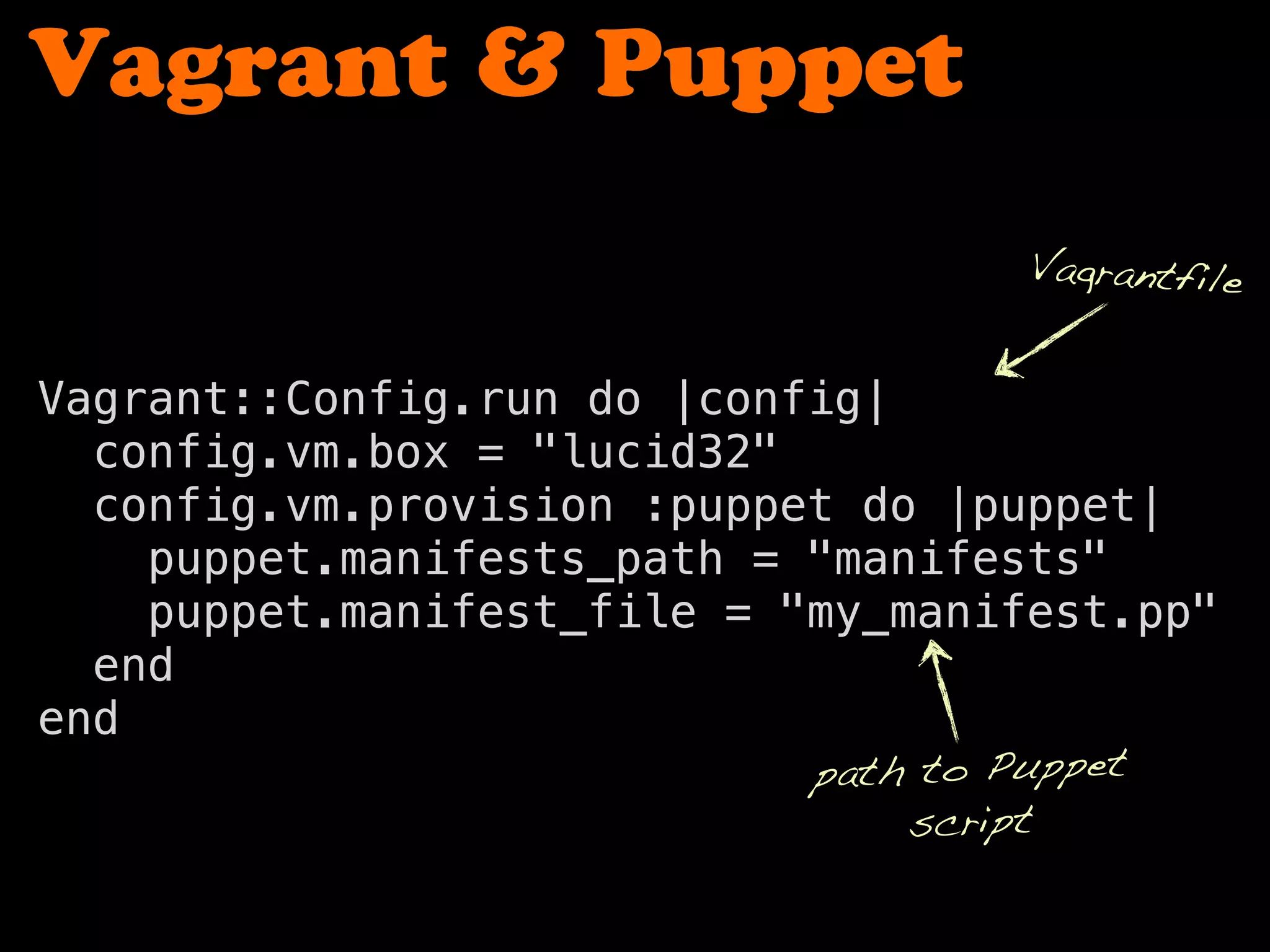 Vagrant & Puppet
Vagrant::Config.run do |config|
config.vm.box = "lucid32"
config.vm.provision :puppet do |puppet|
puppet.manifests_path = "manifests"
puppet.manifest_file = "my_manifest.pp"
end
end
path to Puppet
script
Vagrantfile
 