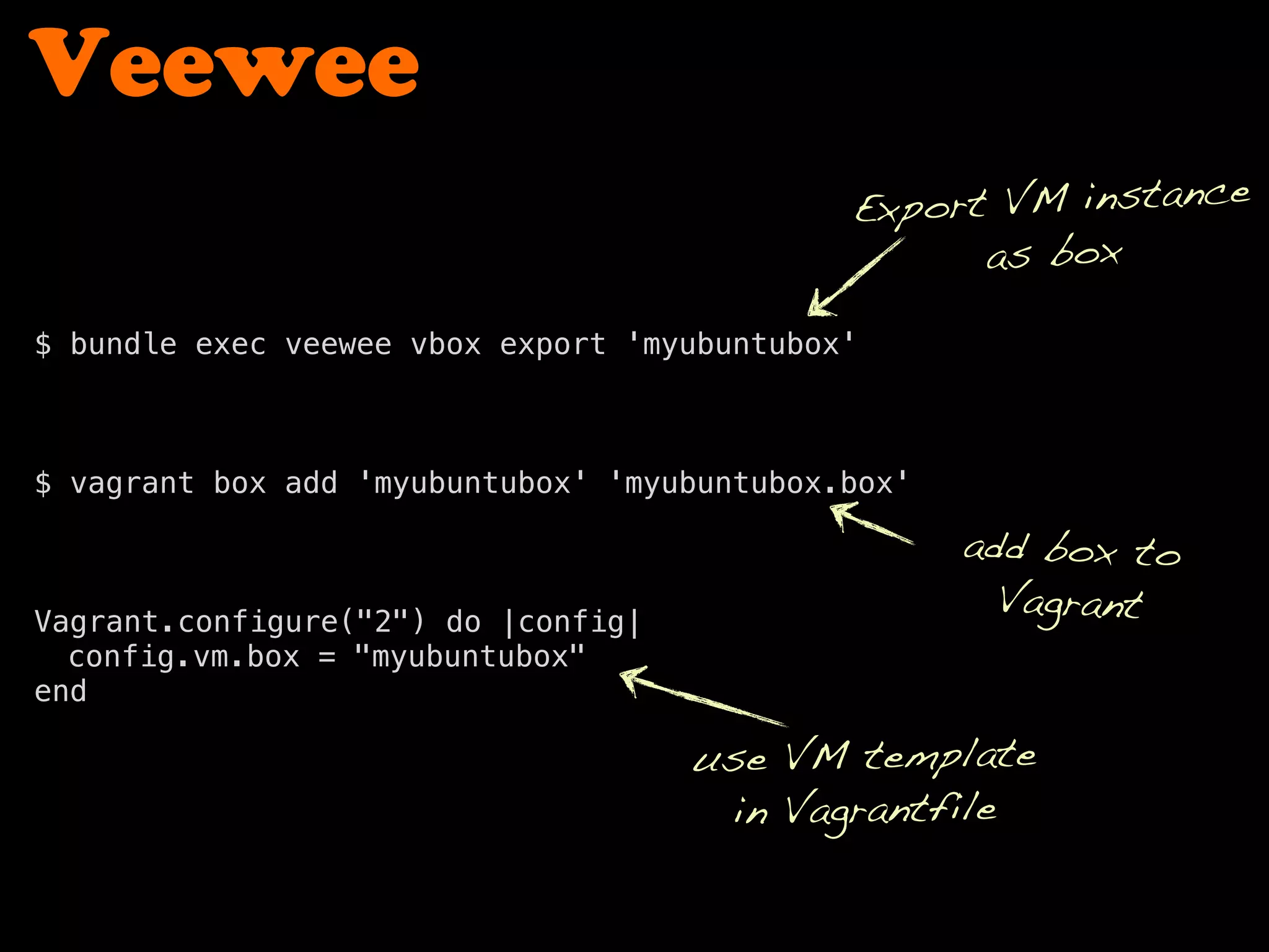 Veewee
$ bundle exec veewee vbox export 'myubuntubox'
$ vagrant box add 'myubuntubox' 'myubuntubox.box'
Vagrant.configure("2") do |config|
config.vm.box = "myubuntubox"
end
Export VM instance
as box
add box to
Vagrant
use VM template
in Vagrantfile
 