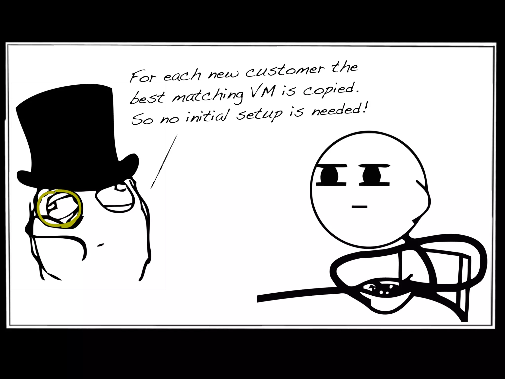 For each new customer the
best matching VM is copied.
So no initial setup is needed!
 