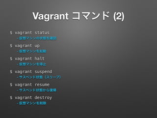 Vagrant コマンド (2) 
$ vagrant status 
- 仮想マシンの状態を確認 
$ vagrant up 
- 仮想マシンを起動 
$ vagrant halt 
- 仮想マシンを停止 
$ vagrant suspend 
- サスペンド状態（スリープ） 
$ vagrant resume 
- サスペンド状態から復帰 
$ vagrant destroy 
- 仮想マシンを削除 
 