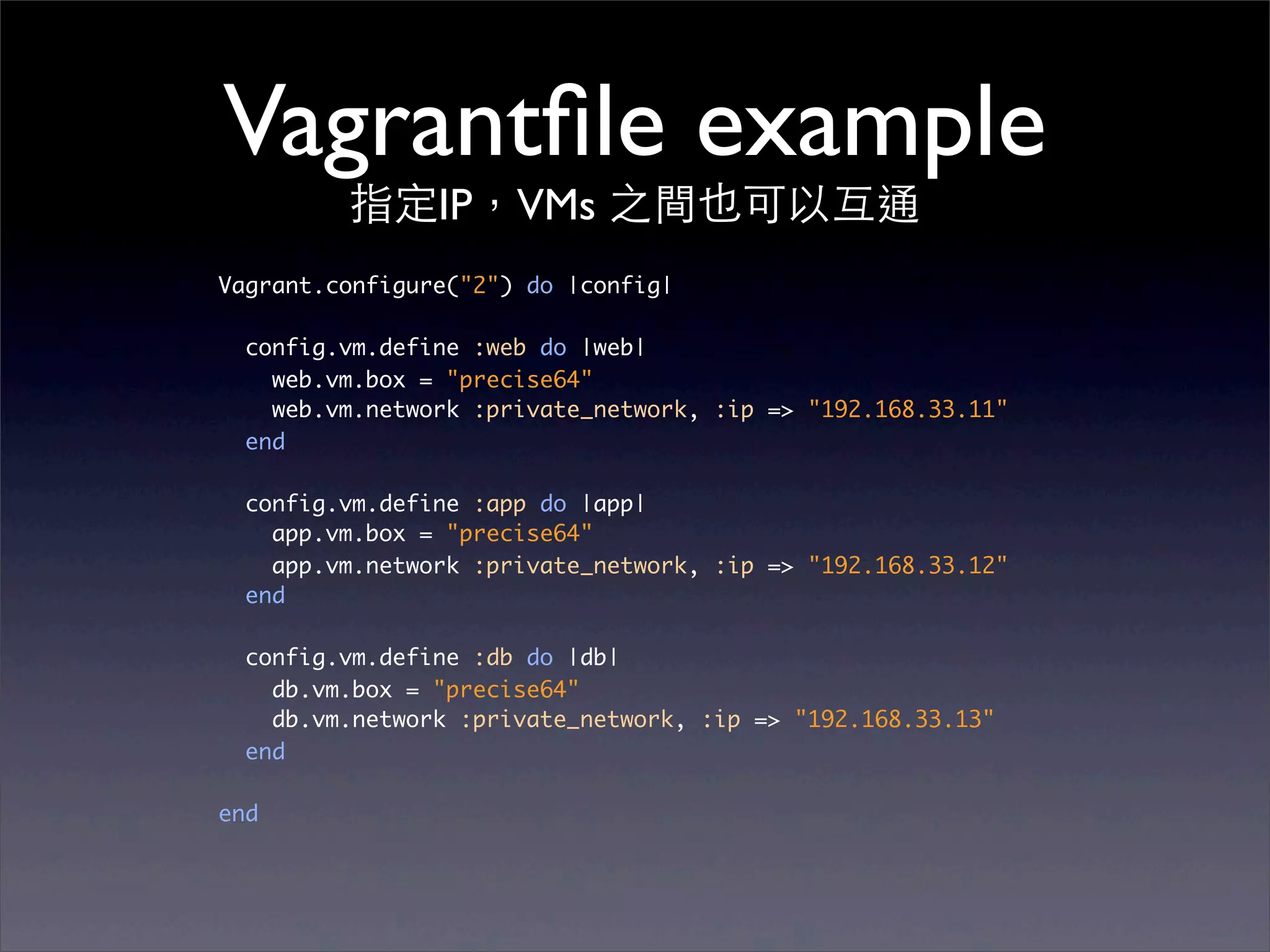 Vagrantﬁle example
         指定IP，VMs 之間也可以互通
Vagrant.configure("2") do |config|

  config.vm.define :web do |web|
    web.vm.box = "precise64"
    web.vm.network :private_network, :ip => "192.168.33.11"
  end

  config.vm.define :app do |app|
    app.vm.box = "precise64"
    app.vm.network :private_network, :ip => "192.168.33.12"
  end

  config.vm.define :db do |db|
    db.vm.box = "precise64"
    db.vm.network :private_network, :ip => "192.168.33.13"
  end

end
 