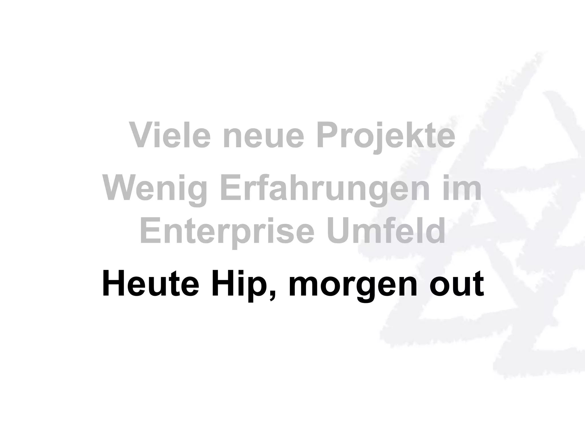 Viele neue Projekte 
Wenig Erfahrungen im 
Enterprise Umfeld 
Heute Hip, morgen out 
 