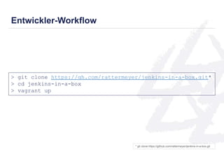 Entwickler-Workflow 
> git clone https://gh.com/rattermeyer/jenkins-in-a-box.git* 
> cd jenkins-in-a-box 
> vagrant up 
* git clone https://github.com/rattermeyer/jenkins-in-a-box.git 
 