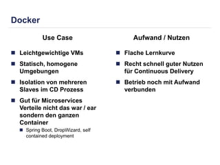 Docker 
Use Case Aufwand / Nutzen 
 Leichtgewichtige VMs 
 Statisch, homogene 
Umgebungen 
 Isolation von mehreren 
Slaves im CD Prozess 
 Gut für Microservices 
Verteile nicht das war / ear 
sondern den ganzen 
Container 
 Spring Boot, DropWizard, self 
contained deployment 
 Flache Lernkurve 
 Recht schnell guter Nutzen 
für Continuous Delivery 
 Betrieb noch mit Aufwand 
verbunden 
 